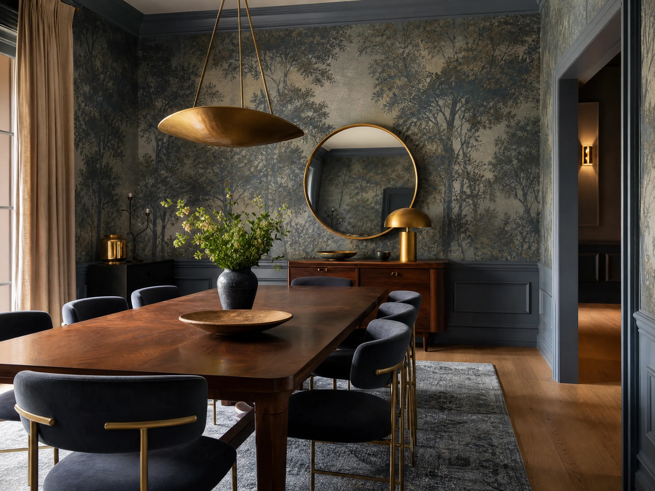 Refined dining room with painterly wallpaper installation