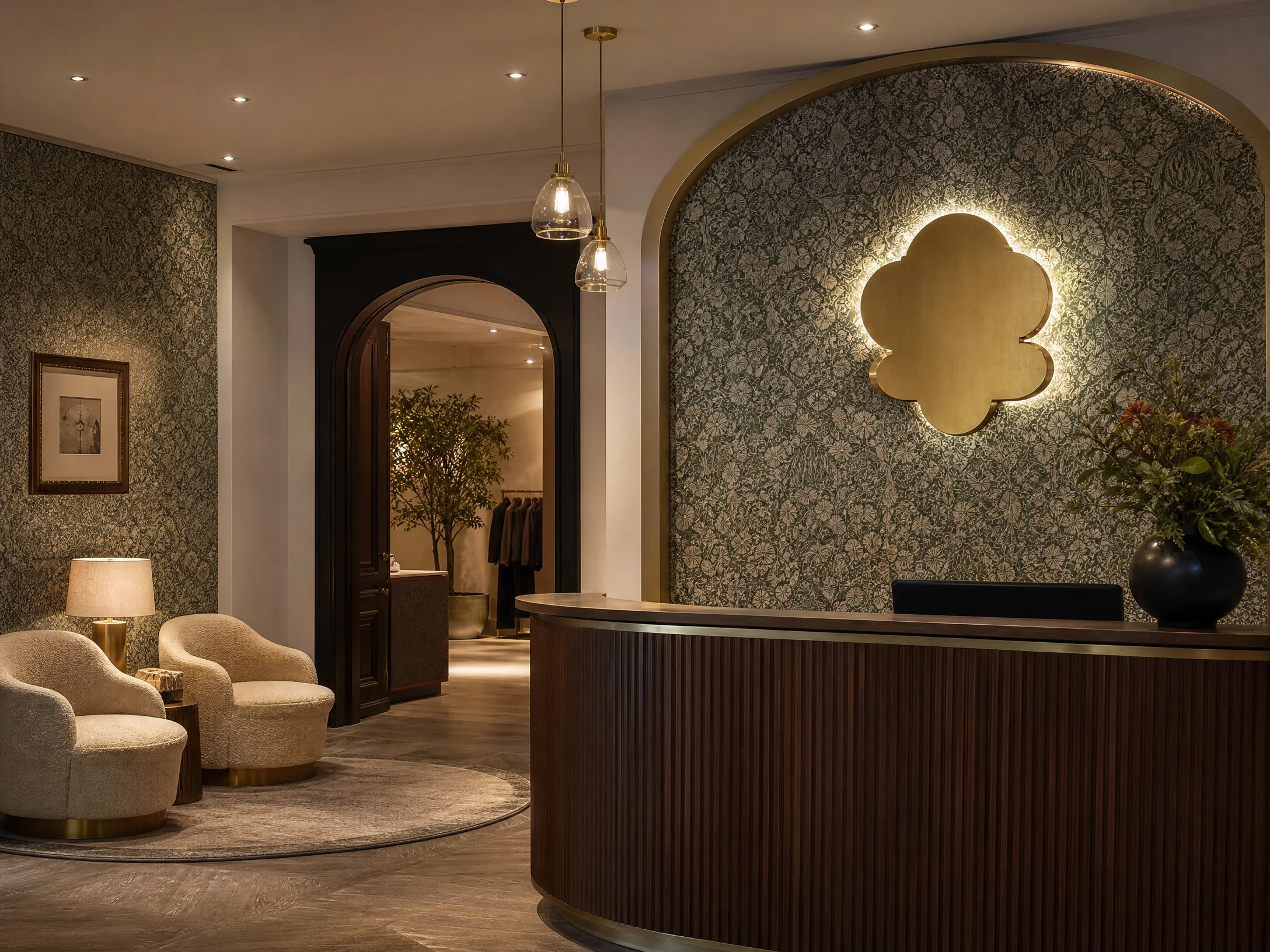 Boutique commercial interior with patterned wallpaper