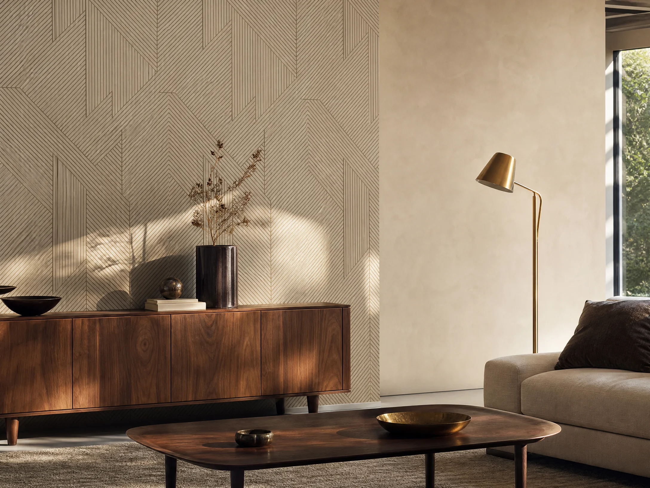 Patterned hallway feature wall with brass console